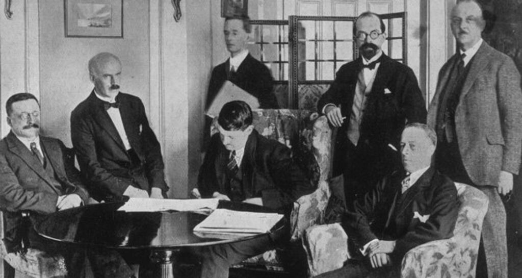 The Treaty Delegation, December 6th 1921 (from left) Arthur Griffith, Eamonn Duggan, Erskine Childers, Michael Collins, George Gavan Duffy, Robert Barton and John Chartres. Photograph: Hulton Archive