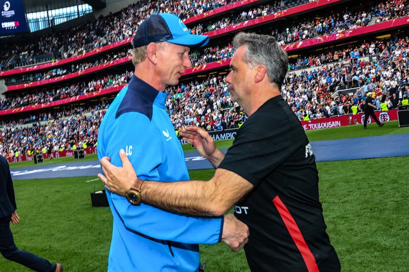 Leinster's Head Coach Leo Cullen and Stade Toulousain's Head Coach Ugo Mola after the game. Photograph: Billy Stickland/Inpho