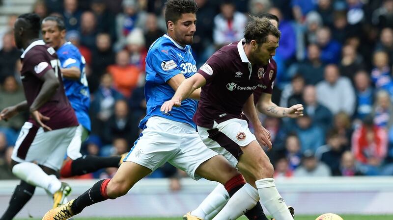 Rangers Fabio Cardoso tackles Hearts Connor Randall. Photograph: Ian Rutherford/PA Wire.