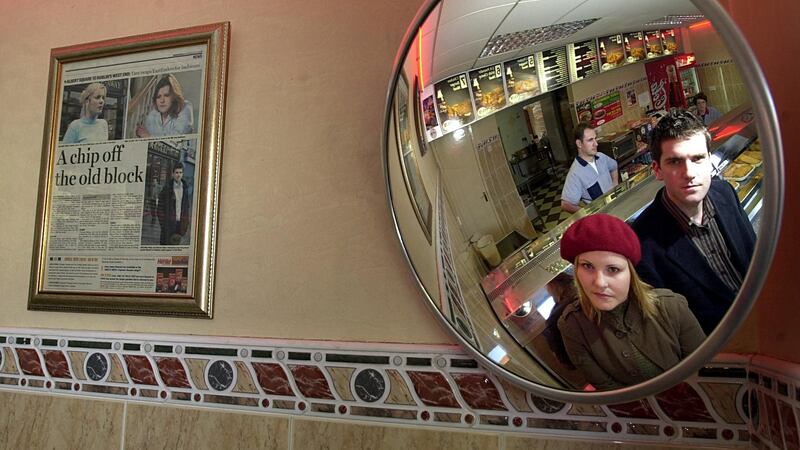 Simon Fitzmaurice and Tara-Lynne O’Neill on location in Macari’s Chipper, Inchicore. Also in the photograph are Edmund and Marian Macari. Photograph: Brenda Fitzsimons
