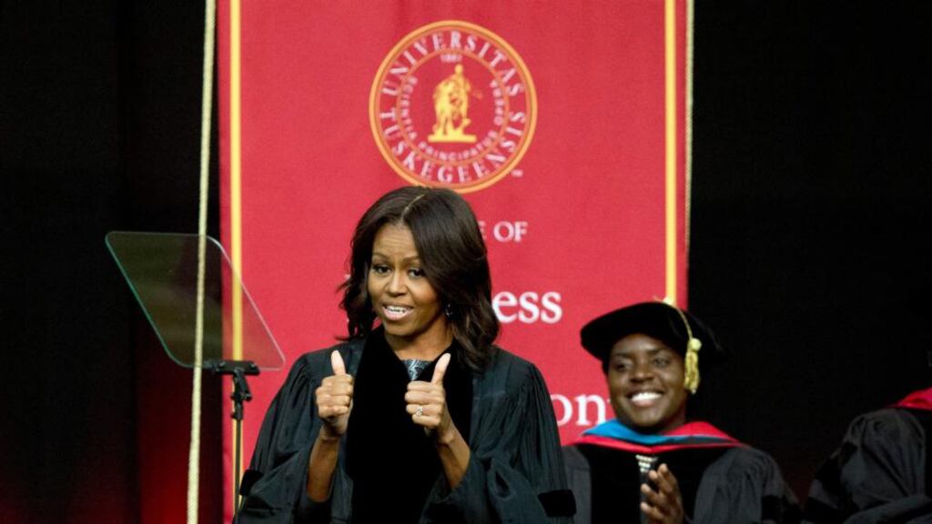 US first lady Michelle Obama at Tuskegee University. Photograph: Brynn Anderson/AP Photo