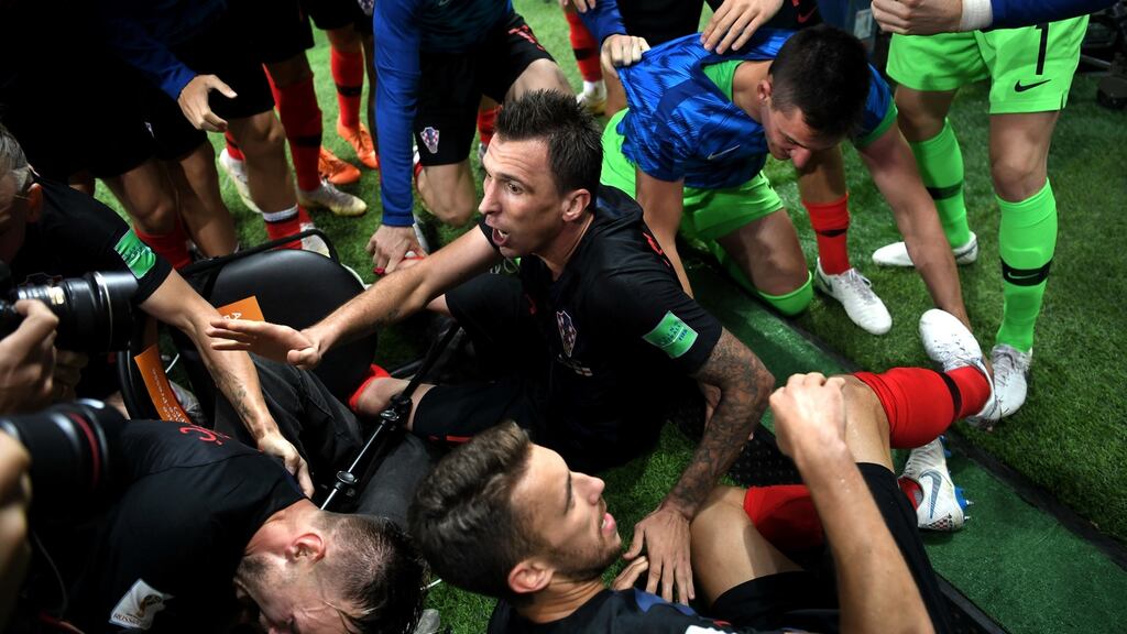 Mario Mandzukic of Croatia celebrates with team mates after scoring his team’s second goal during the 2018 World Cup semi-final against England. Photograph: Michael Regan/Getty