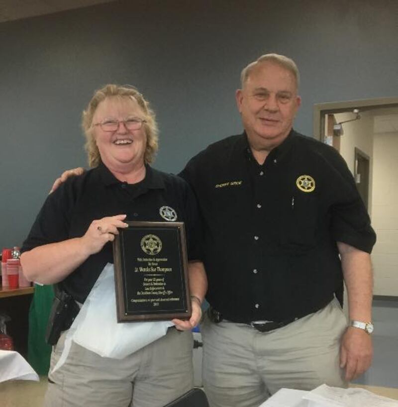 Lieut Wanda Thompson and Sheriff David Grice on her retirement in May 2018