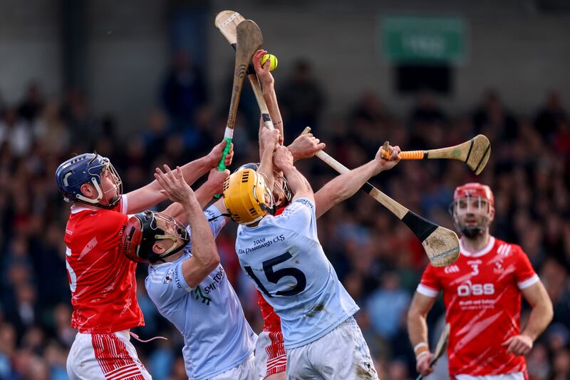 Doon's Chris Thomas and Mikey O’Brien compete in the air with Daithí Dempsey and Adrian Breen of Na Piarsaigh during the Limerick SHC final at the TUS Gaelic Grounds. Photograph: Ben Brady/Inpho