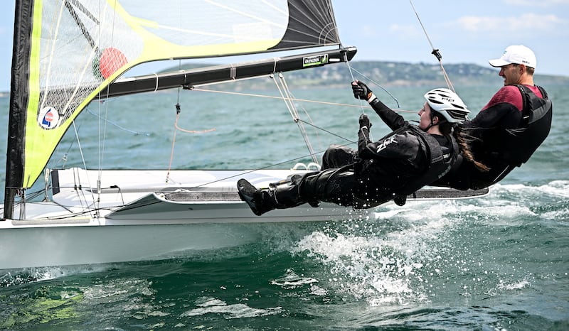Irish Times journalist Muireann Duffy and Irish Olympic sailor Robert Dickson at Irish Sailing Performance HQ in Dún Laoghaire, Dublin. Photograph: Seb Daly/ Sports File
