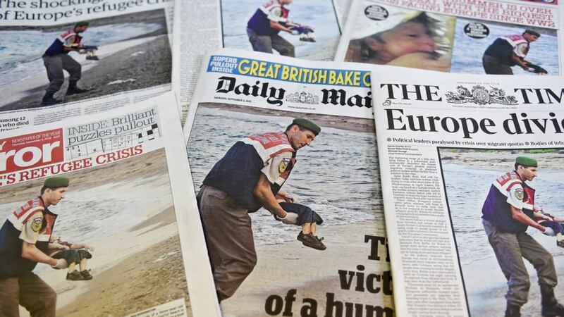 The picture of a Turkish gendarme carrying the body of a child refugee at the beach of Bodrum, Turkey dominated front pages and sparked shock and outrage. Photograph: EPA/Andy Rain