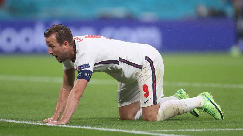 Harry Kane reacts after missing a scoring chance against Scotland. Photo: Carl Recine/Pool Photo via AP