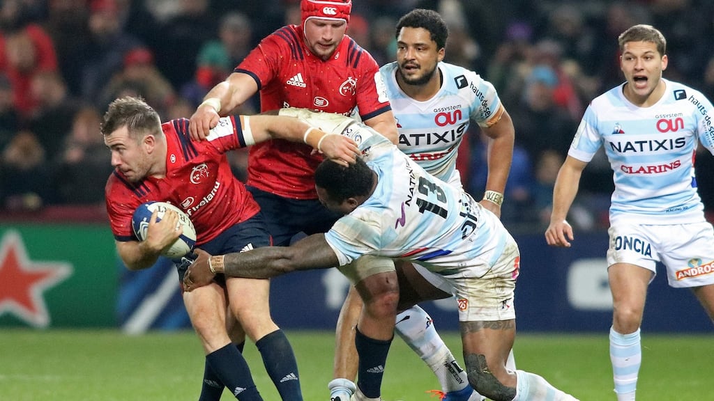 Munster outhalf JJ Hanrahan is tackled by Racing 92’s Virimi Vakatawa during the European Champions Cup Pool 4 game at the weekend. Photograph: Paul Faith/AFP via Getty Images