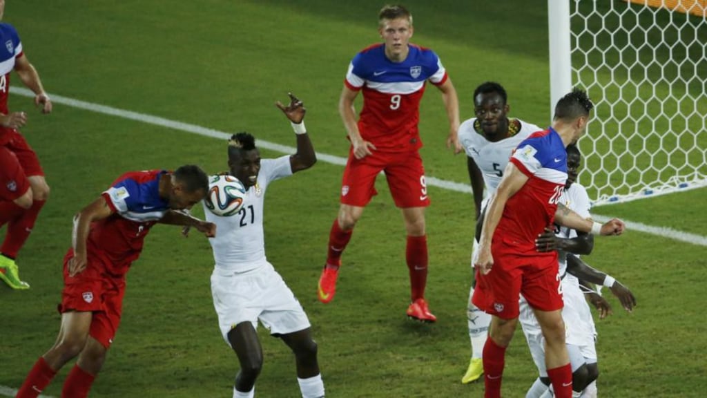 John Brooks heads home the winning goal for the United States in their World Cup Group G game against Ghana at the Dunas arena in Natal. Photograph: Carlos Barria/Reuters