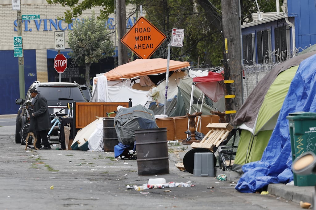 A homeless encampment in Oakland, California: the State's Governor Gavin Newsom has vowed to start taking state funding away from cities and counties that are not doing enough to move people out of encampments and into shelters. Photograph: John G Mabanglo/EPA - European Pressphoto Agency