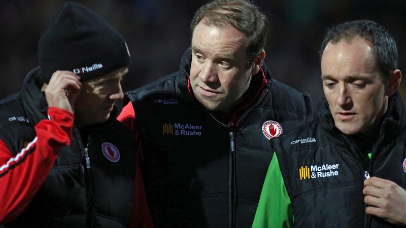 Tyrone manager Fergal Logan with selectors Peter Canavan and Brian Dooher at the under-21 Ulster final in 2015. Photo: Lorcan Doherty/Inpho