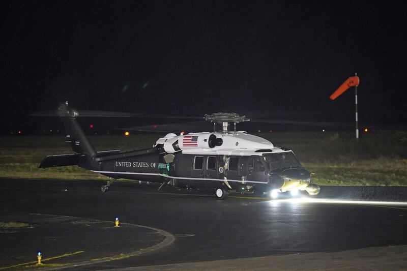 US President Joe Biden arrives at Knock airport on Marine One before boarding a plane to leave Ireland. The fact that he used Knock is seen as a major publicity boost for the airport. Photograph: Niall Carson/PA
