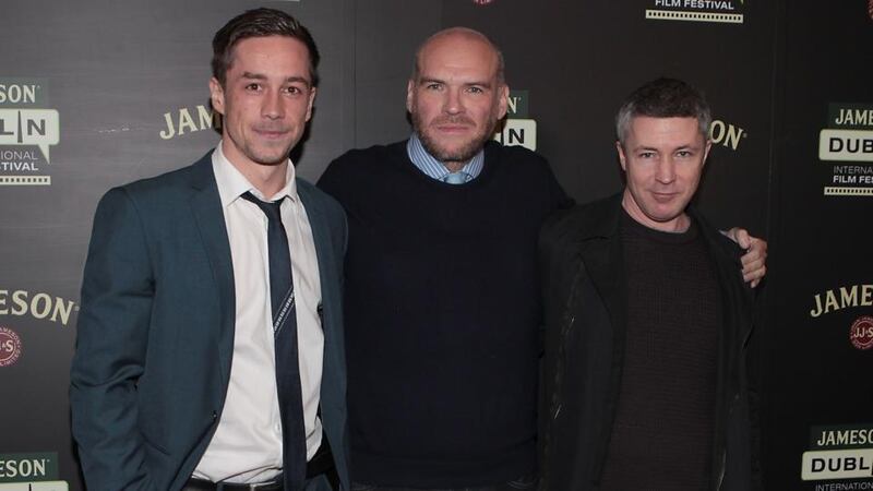 Jillian Scott (Love/Hate), Calvary director John Michael McDonagh and Aidan Gillen (Game of Thrones) stand together on the red carpet. Photograph: Brian McEvoy