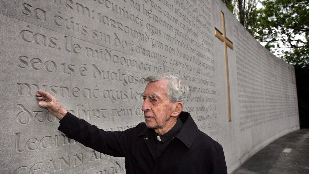 Fr Joe Mallin, son of the Irish patriot Michael Mallin, views the proclamation memorial following the 1916 Commemoration Ceremony at Arbour Hill, Dublin. Photograph: Matt Kavanagh
