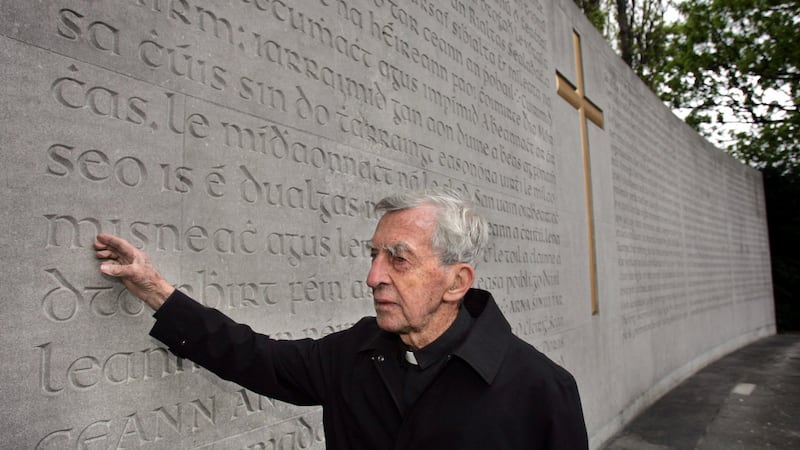 Fr Joe Mallin, son of the Irish patriot Michael Mallin, views the proclamation memorial following the 1916 Commemoration Ceremony at Arbour Hill, Dublin. Photograph: Matt Kavanagh