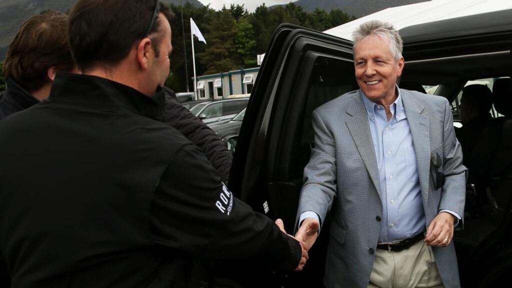 Northern Ireland’s First Minister Peter Robinson arrives at the course Dubai Duty Free Irish Open at Royal County Down Golf Clubafter he was discharged from hospital yesterday, four days after suffering a suspected heart attack. Photograph: Brian Lawless/PA Wire