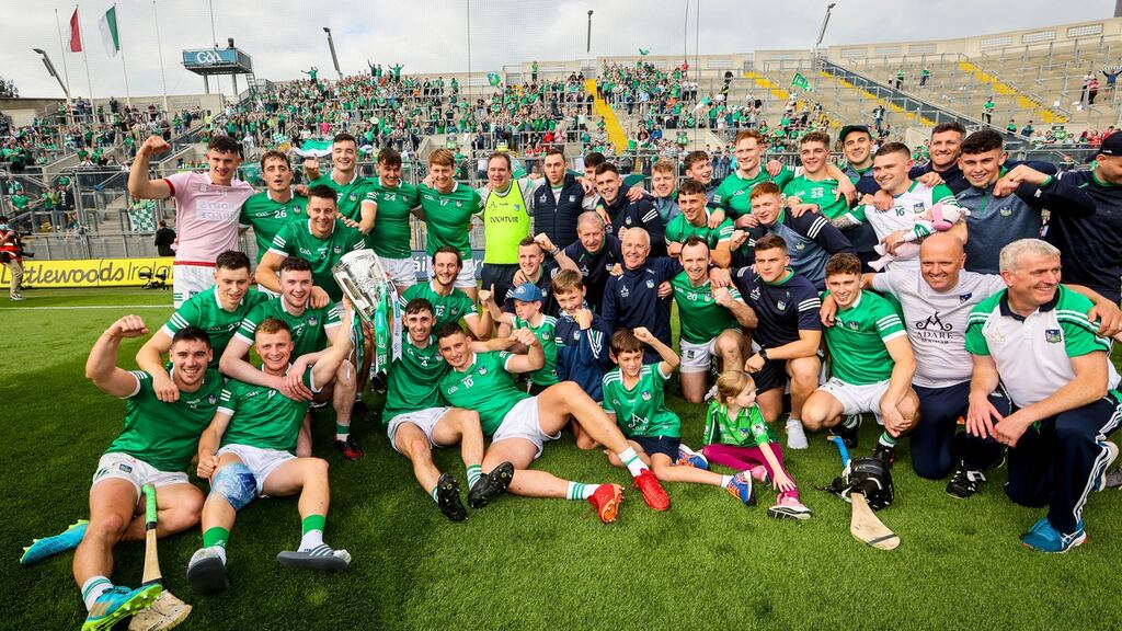 Limerick celebrate in front of their supporters on Hill 16 after their win over Cork. Photograph: Ryan Byrne/Inpho