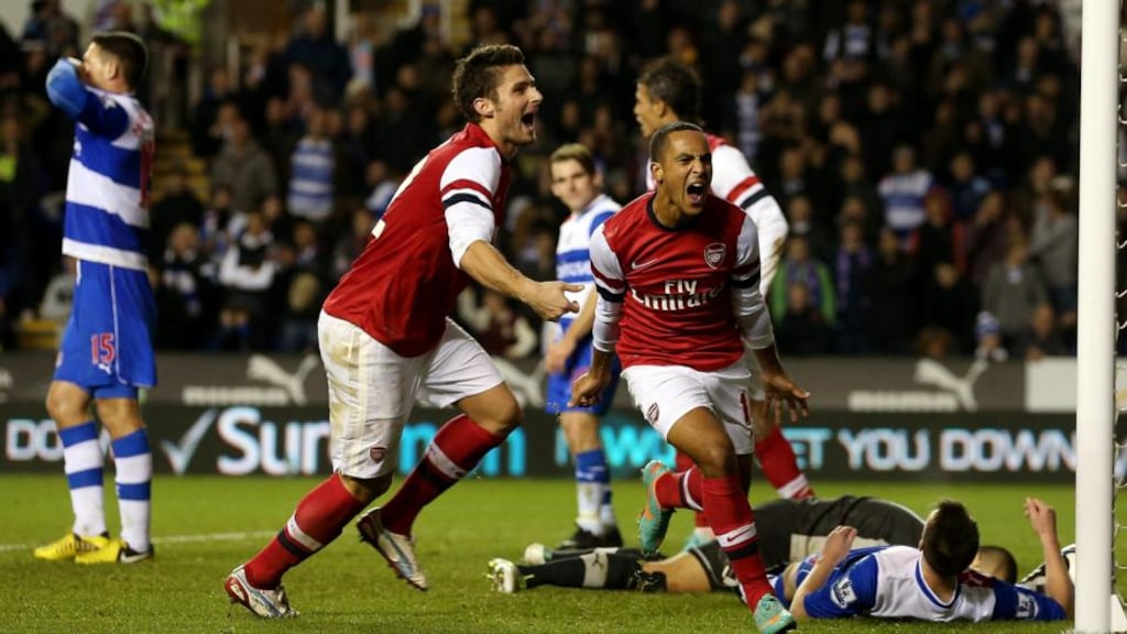 Arsenal’s Theo Walcott celebrates scoring their sixth goal during the League Cup fourth round 7-5 win over Reading at the Madejski Stadium in October 2012. Photograph: Scott Heavey/Getty Images