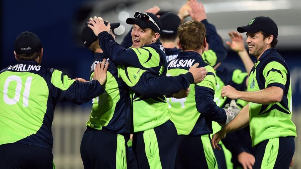Ireland celebrate after William Porterfield takes the winning catch in their World Cup Pool B game aginast Zimbabwe. Photograph: AFP