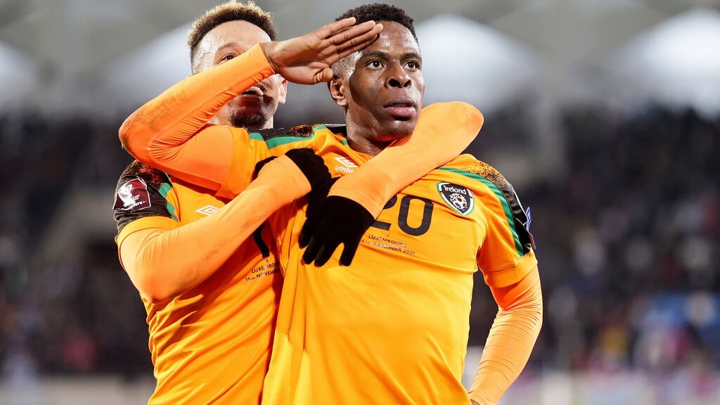 Ireland’s Chiedozie Ogbene celebrates scoring a goal against Luxembourg with Callum Robinson in Stade de Luxembourg in a World Cup qualifying match. Photograph: Laszlo Geczo/Inpho