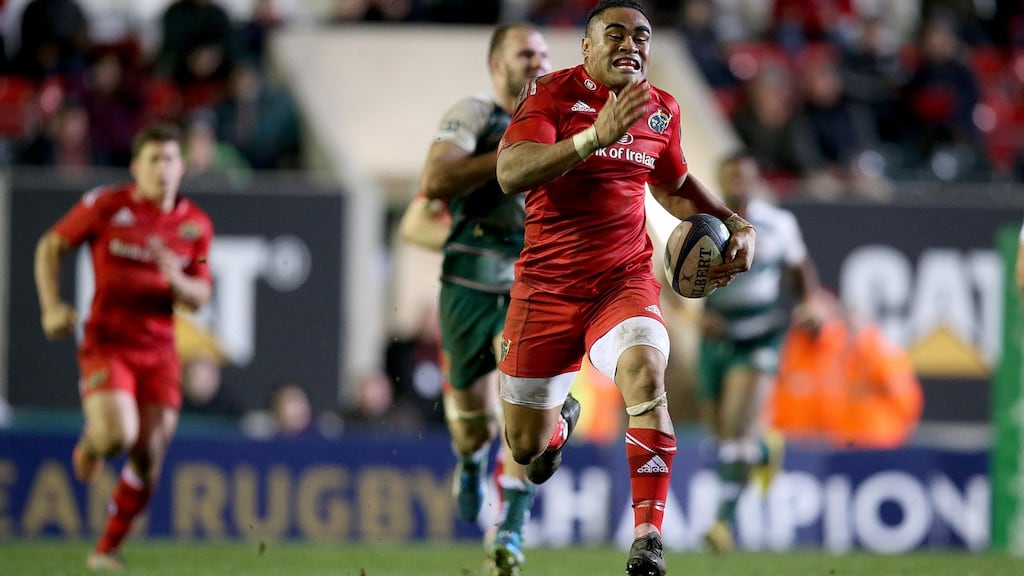 The pivotal moment in the Pool 4 Champions Cup clash at Welford Road as Munster’s Francis Saili sprints for the line. Leicester somehow managed to stop him and the supporting Simon Zebo and went on to win 17-6. Photograph: Dan Sheridan/Inpho.