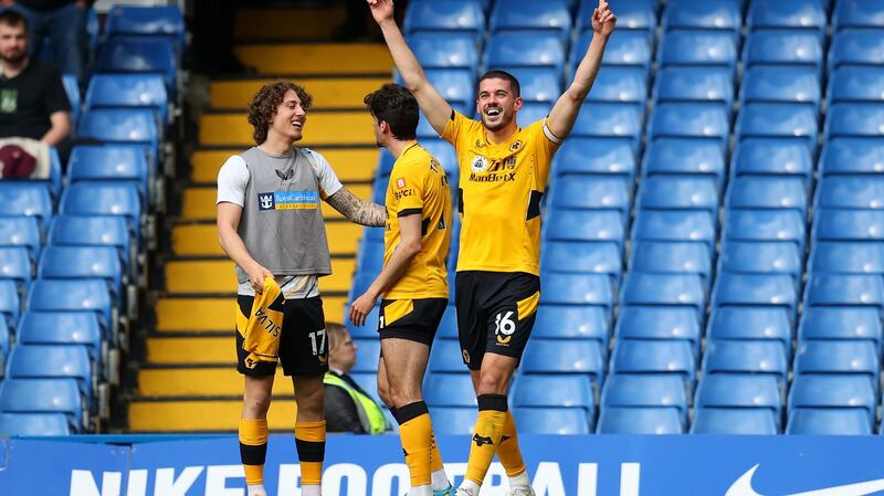 Wolves defender Conor Coady celebrates his late goal at Stamford Bridge. Photograph: Catherine Ivill/Getty Images