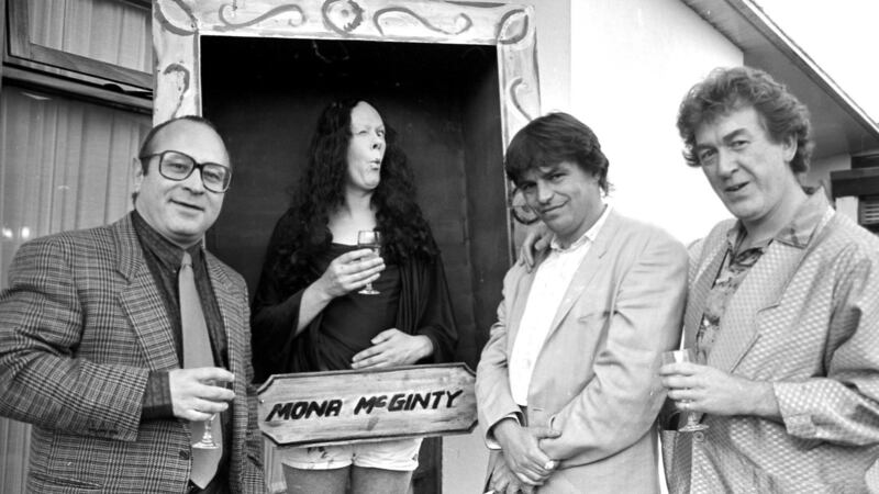 At a reception in the Gresham Hotel before the 1986 Irish premiere of the film Mona Lisa: Thom McGinty with Bob Hoskins, Neil Jordan and Vincent McCabe. Photograph: Paddy Whelan