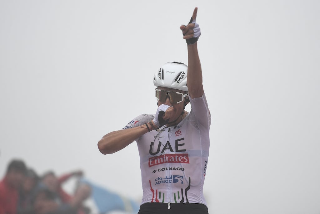 Team UAE's Marc Soler celebrates after crossing the finish line during the stage 16 of the Vuelta a Espana. Photograph: Ander Gillenea/AFP via Getty