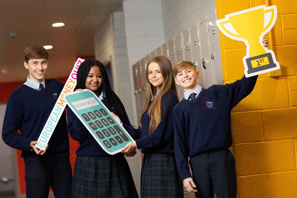 From left, Evan McCabe, Mekides Church, Isabel Hoban and Daniel Corcoran, 3rd-year students at St Colmcille’s Community School, Knocklyon, Dublin, will be taking part in this year’s European Money Quiz. Photograph: Naoise Culhane