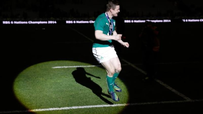 Ireland’s Brian O’Driscoll does a victory dance after winning the Six Nations title on his last outing in an Ireland jersey. Photograph: Yoann Valat/EPA