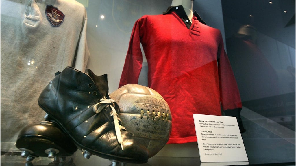 Seán O’Neill’s Down jersey and football boots, worn in the 1960 All-Ireland Senior Football final when they beat Kerry, and a football signed by the team, at the GAA Museum in Croke Park. Photograph: Dara Mac Dónaill