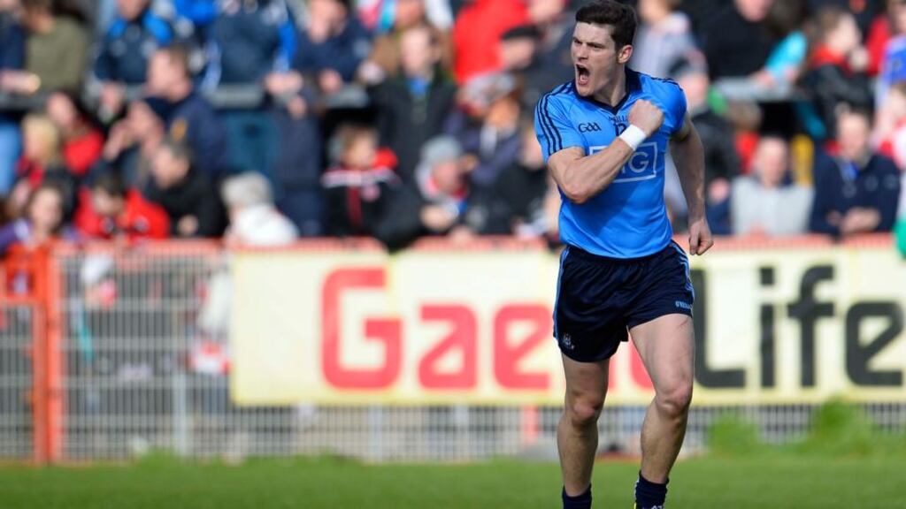 Dublin’s Diarmuid Connolly celebrates at the final whistle of their Allianz Football League Division One match against Tyrone at Healy Park in Omagh. Photograph: Russell Pritchard/Inpho/Presseye