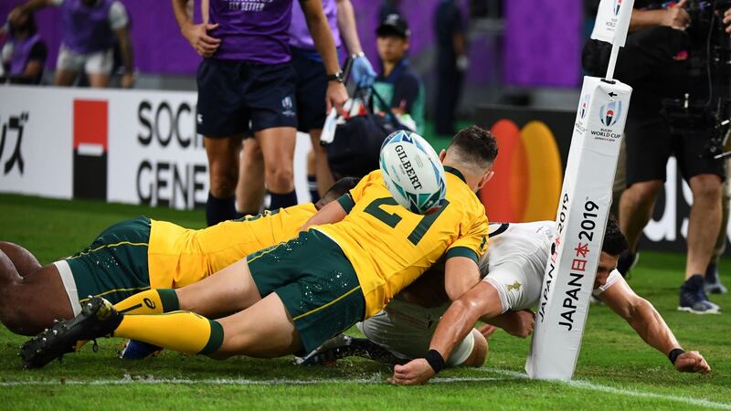 Ben Youngs loses control of the ball when trying to touch it down. Photo: Gabriel Bouys/Getty Images