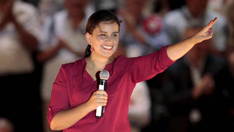 Peruvian presidential election candidate Veronika Mendoza addresses supporters during her closing campaign meeting in Lima on Thursday. Photograph: Janine Costa/Reuters