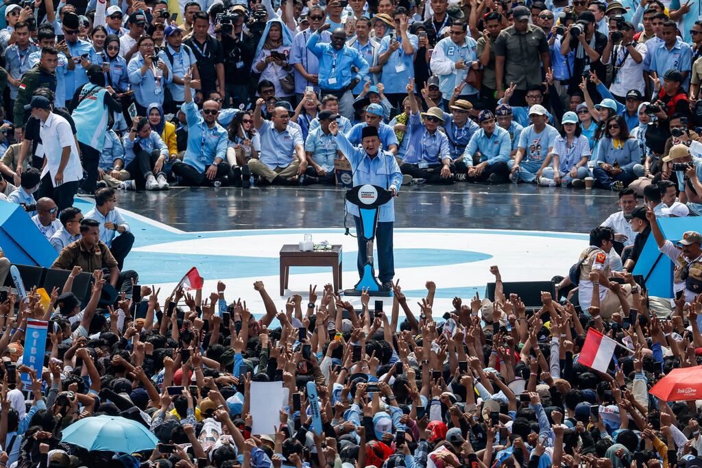 Indonesian presidential candidate Prabowo Subianto (centre) delivers his speech during his campaign rally at Gelora Bung Karno stadium in Jakarta on February 10th. Photograph: Mast Irham/EPA