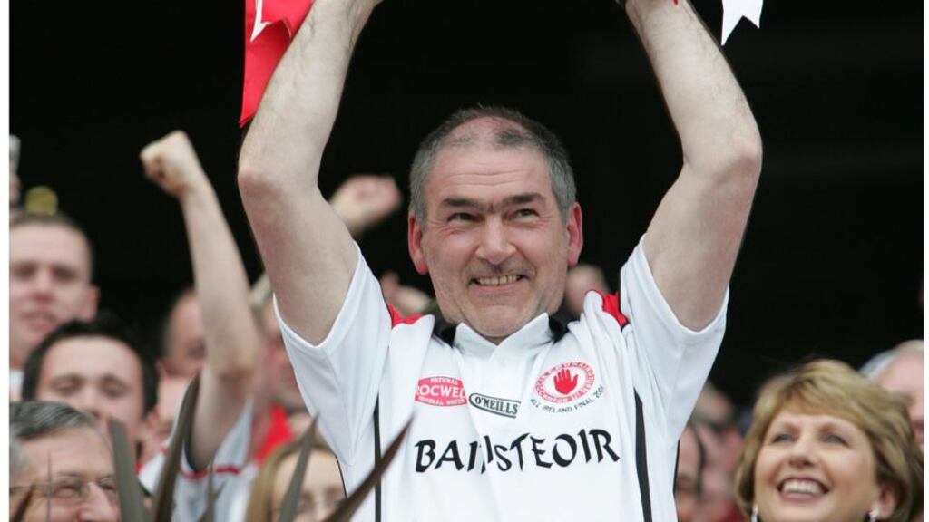 Manager Mickey Harte celebrates Tyrone’s first All-Ireland victory in 2005. Photograph: Alan Betson