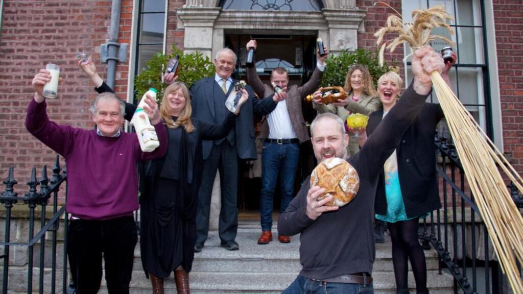 The 2016 Irish Food Writers' Guild Food Award winners are, from left: Ralph Haslam – Mossfield Organic Farm (Offaly); Julie and Rod Calder-Potts – Highbank Organic Orchards (Kilkenny); Cuilan Loughnane – White Gypsy Brewery (Tipperary); Sharon Greene – Wild Irish Foragers (Offaly); Kirsti O’Kelly – Silver Darlings (Limerick); and standing front: Joe Fitzmaurice – Riot Rye Bakehouse and Bread School (Tipperary). Photograph: Paul Sherwood