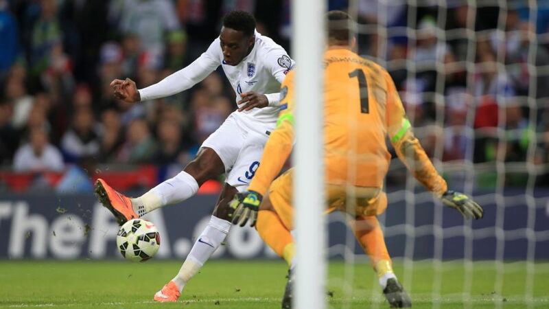 England’s Danny Welbeck scores his side’s third goal against Slovenia at at Wembley Stadium. Photograph: Nick Potts/PA Wire