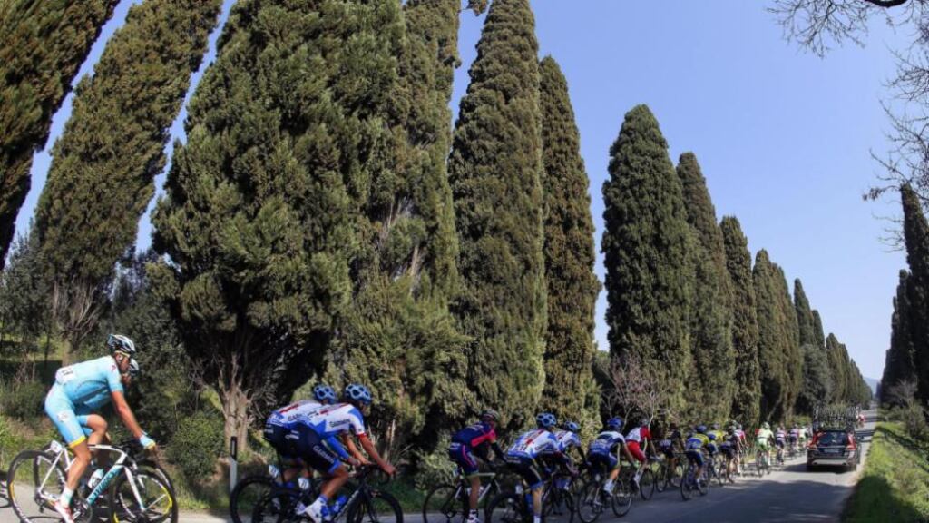 Cyclists during the second stage of Tirreno-Adriatico race from San Vincenzo to Cascina, Italy. Photograph: EPA