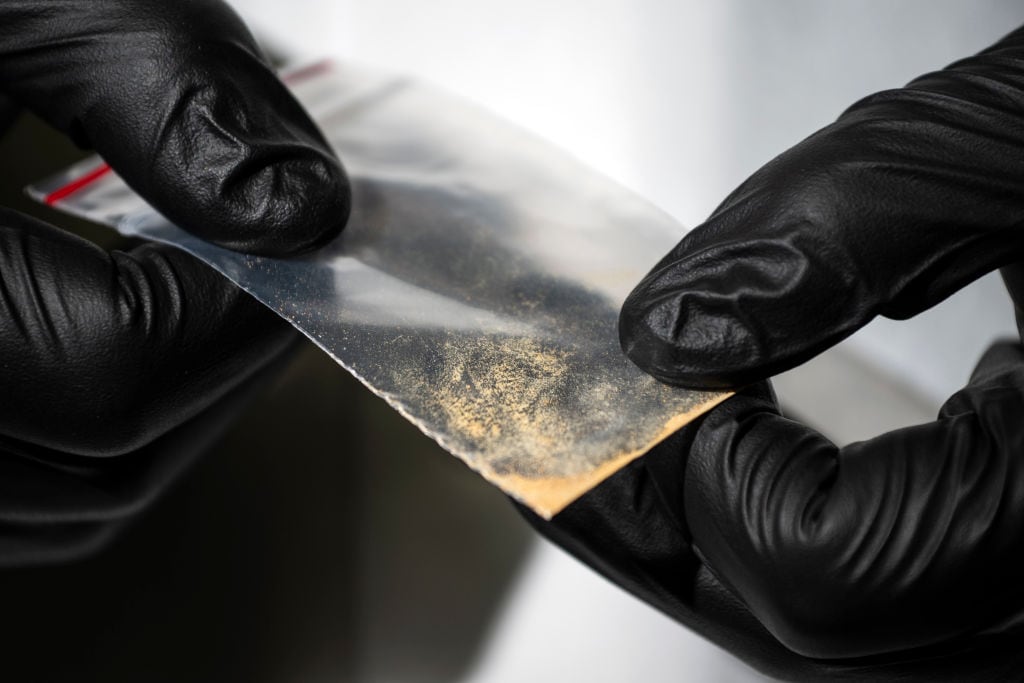 A sample of nitazene, a class of synthetic opioid several times more potent than fentanyl, seen at the Center for Forensic Science Research and Education in Pennsylvania. Phortograph: Joe Lamberti/Washington Post/Getty