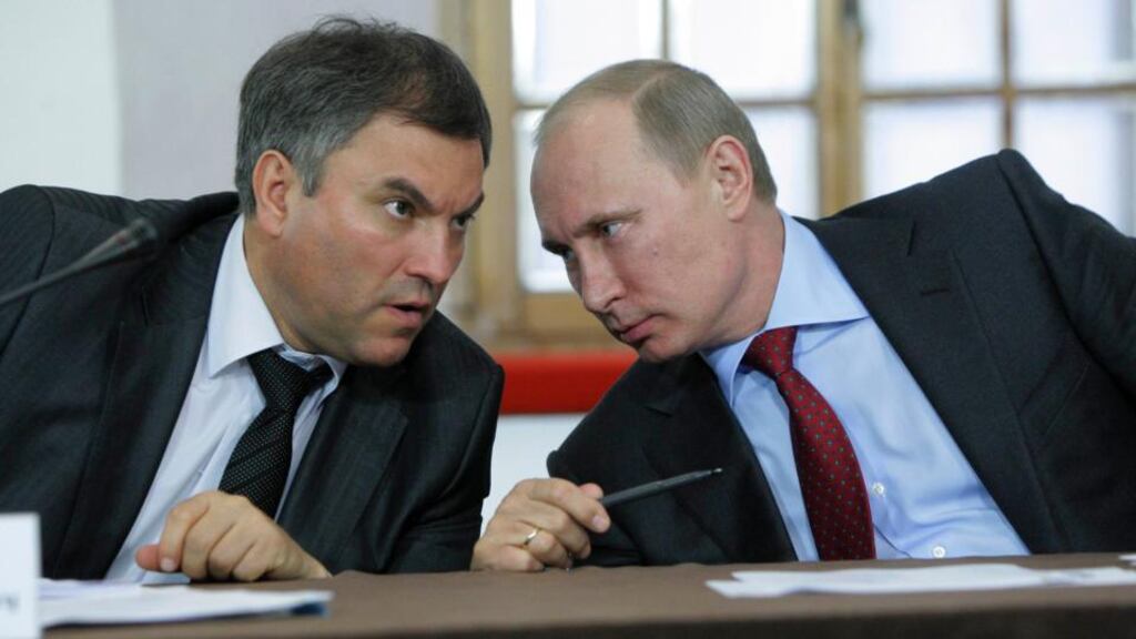 Russia’s prime minister Vladimir Putin (right) talks to government chief of staff Vyacheslav Volodin during a meeting on the development of local self-government in Pskov’s Kremlin, northwest of Moscow . Photograph: Alexei Nikolsky/Reuters