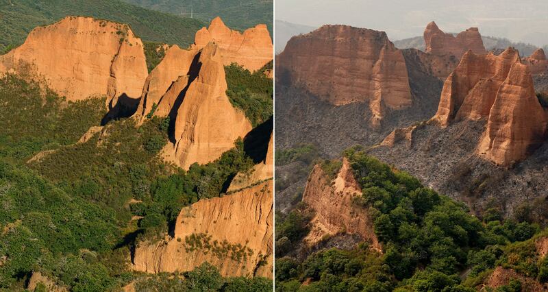 Before and after: A wildfire swept through Las Médulas, a historic mining area and Unesco World Heritage Site in León, Spain, this week. Photograph: Cesar Manso/AFP/Getty