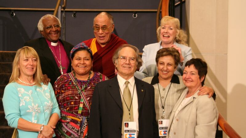 Jody Williams, Desmond Tutu, Rigoberta Menchú Tum, Dalai Lama Tenzin Gayatso, Adolfo Perez Esquivel, Shirin Ebadi, Betty Williams and Mairead Corrigan Maguire in September 2016. Photograph: Ivan Suvanjieff