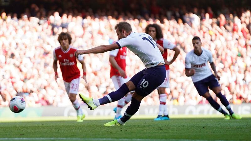 Harry Kane extend’s Tottenham’s lead from the penalty spot. Photograph: Will Oliver/EPA