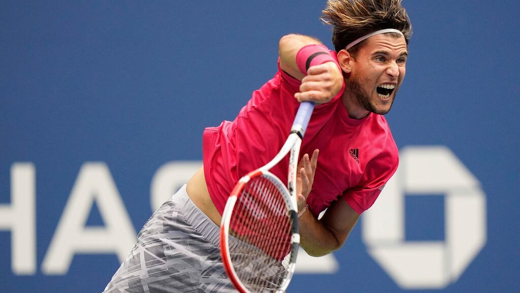 Dominic Thiem serves to Alexander Zverev during the men’s singles final at the US Open in New York. Photo: Frank Franklin II/AP Photo