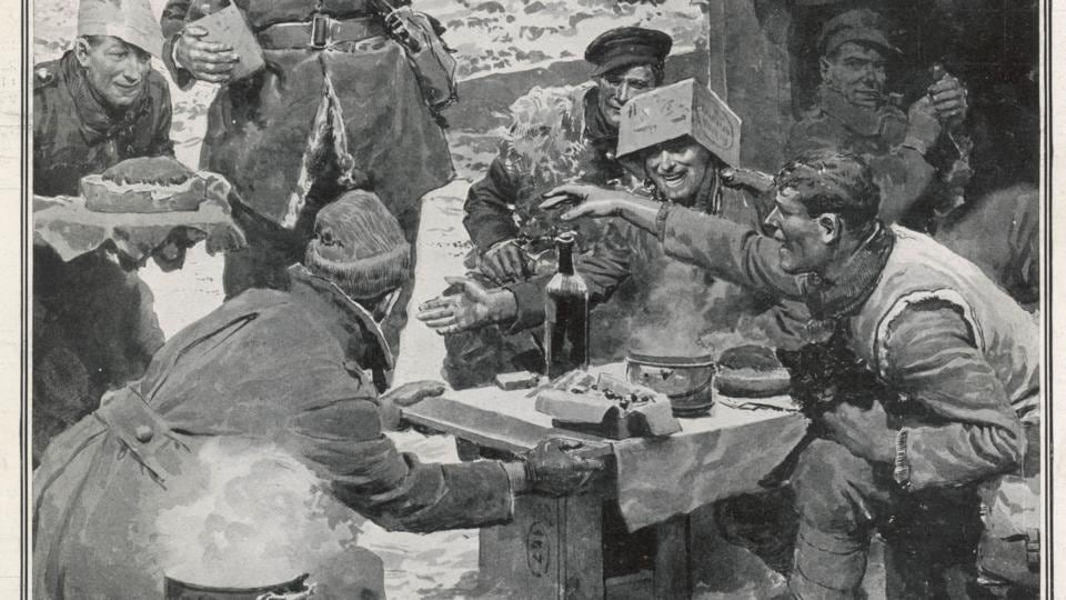 ‘Christmas at the Front - Unpacking the Parcels from Home’ by the British official first World War artist Fortunino Matania, from the recently published book ‘Goodbye, Old Man: Matania’s Vision of the First World War’ by Lucinda Gosling in association with the Mary Evans Picture Library.