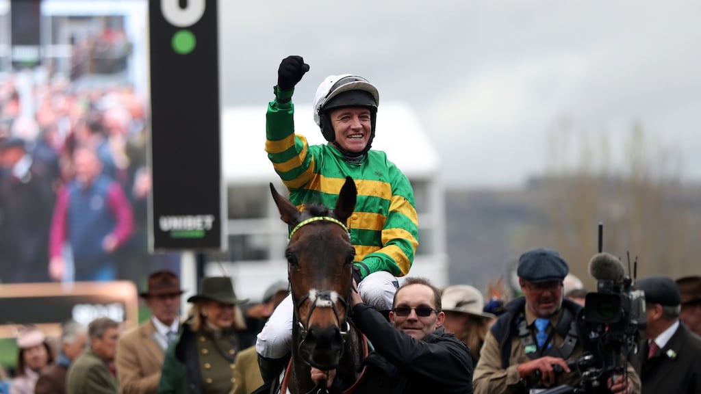 Barry Geraghty aboard Epatante celebrate their victory in the Champion Hurdle at Cheltenham in 2020. Photograph: Simon Cooper/PA Wire.