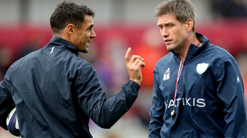 Racing 92 assistant coach Ronan O’Gara and Dan Carter before the Champions Cup game against Munster at Thomond Park in October 2017. Photograph: Bryan Keane/Inpho