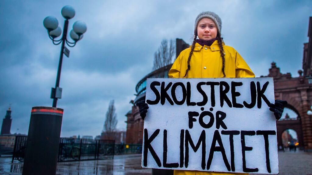 Swedish climate activist Greta Thunberg holds a placard reading ‘School strike for the climate’ during a protest against climate change outside the Swedish parliament in November 2018. Photograph: Hanna Franzen/AFP/Getty Images