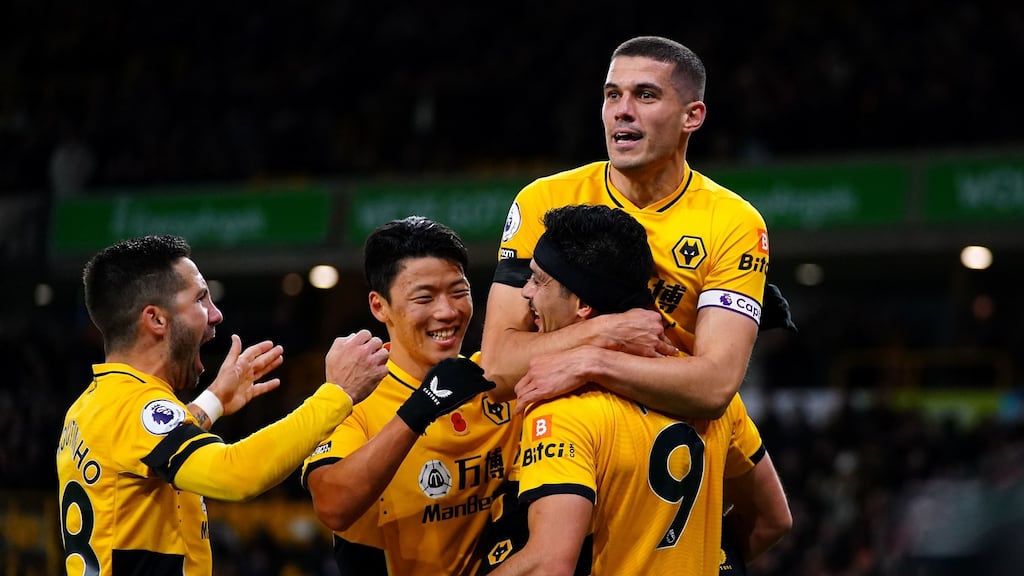 Wolves’ Raul Jimenez is congratulated by team-mates after  scoring their  second goal during the game against Everton at Molineux. Photograph: Nick Potts/PA Wire